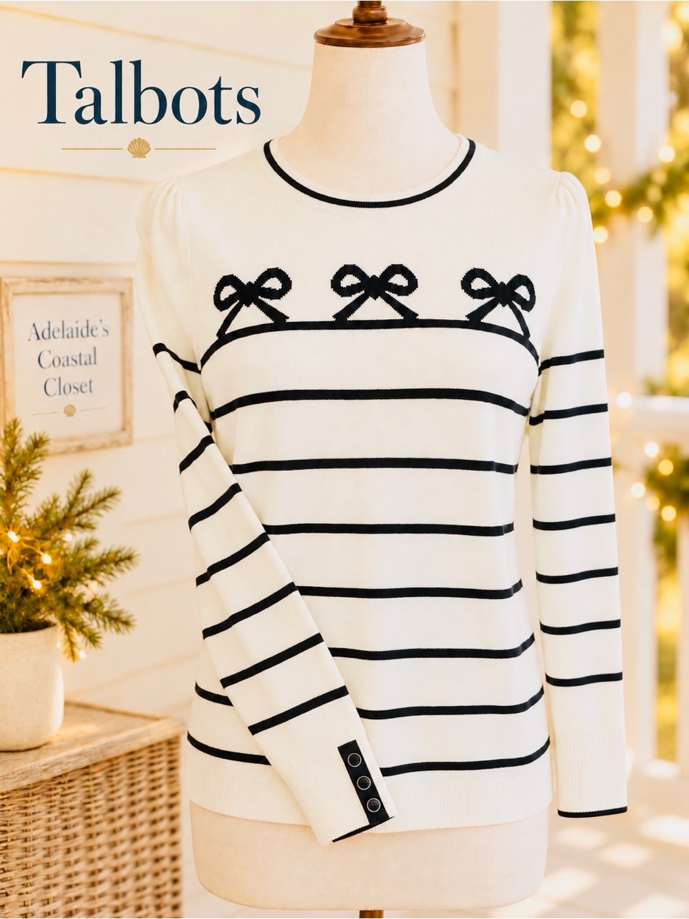 Talbots Bow Stripe Puff Sleeve Crewneck Sweater Ivory Black Women’s Medium